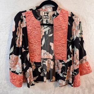 Jaase Handcrafted Floral Kimono Jacket Coral Pink Embroidered Peplum Womens M
